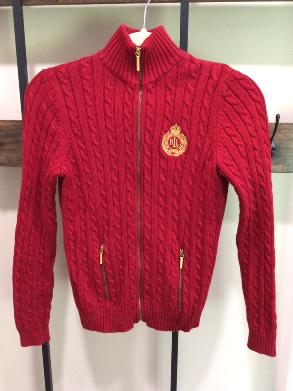 Lauren Ralph Lauren Red Full Zip Cable Knit Preppy Cardigan Petite S